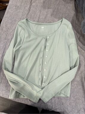 SO Light Sage Ribbed Button-Front Long Sleeve Top